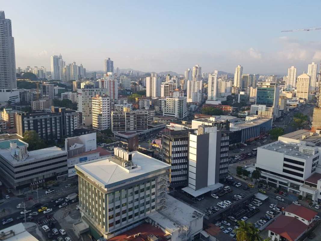 Aerial view modern skyline of Obarrio and PH Denovo residential and commercial high-rise buildings Panama City