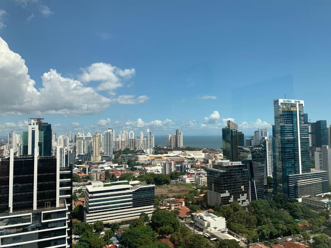Aerial view Panama City skyline, Financial District with skyscrapers and ocean view