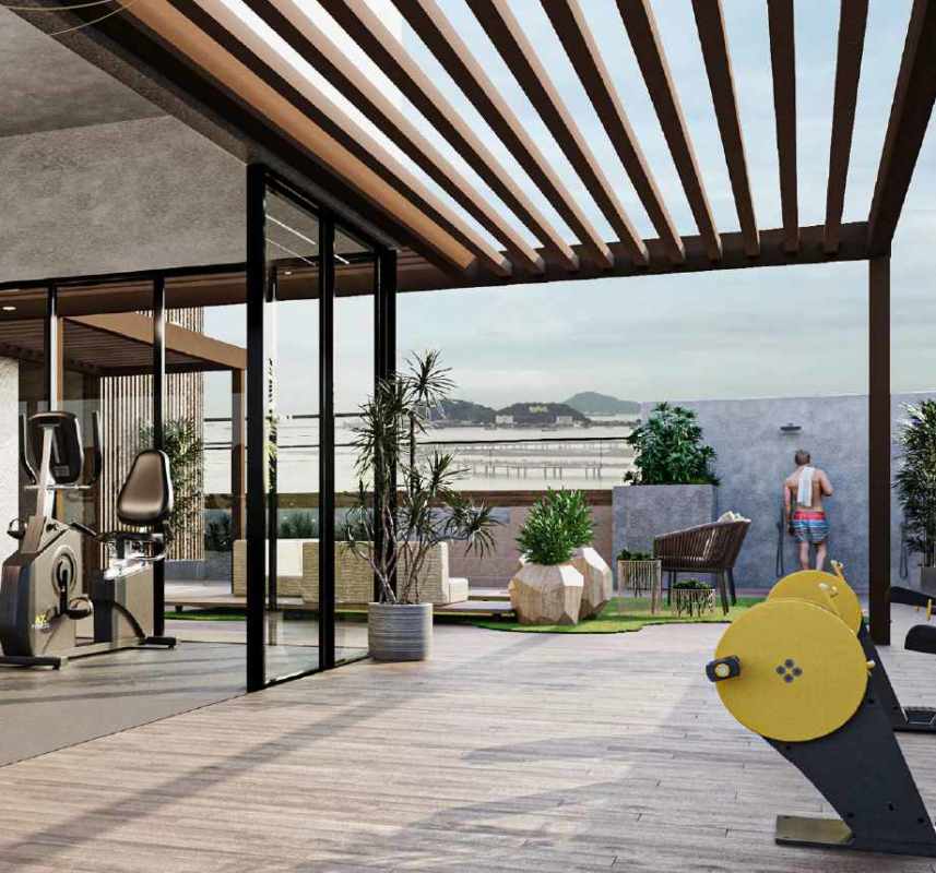 Rooftop lounge with BBQ grills at PH Bella Vista Sky overlooking Panama skyline