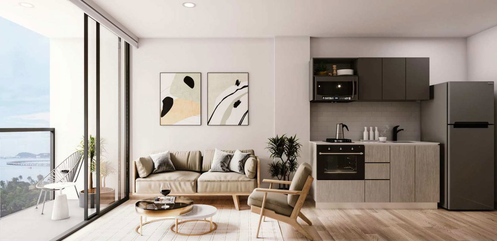 Open-plan living room with balcony ocean view PH Bella Vista Sky Panama City