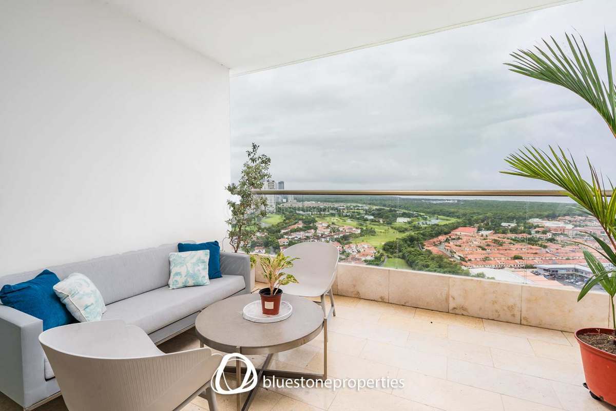 Modern bedroom with large window, luxury finishes, golf community view in Panama