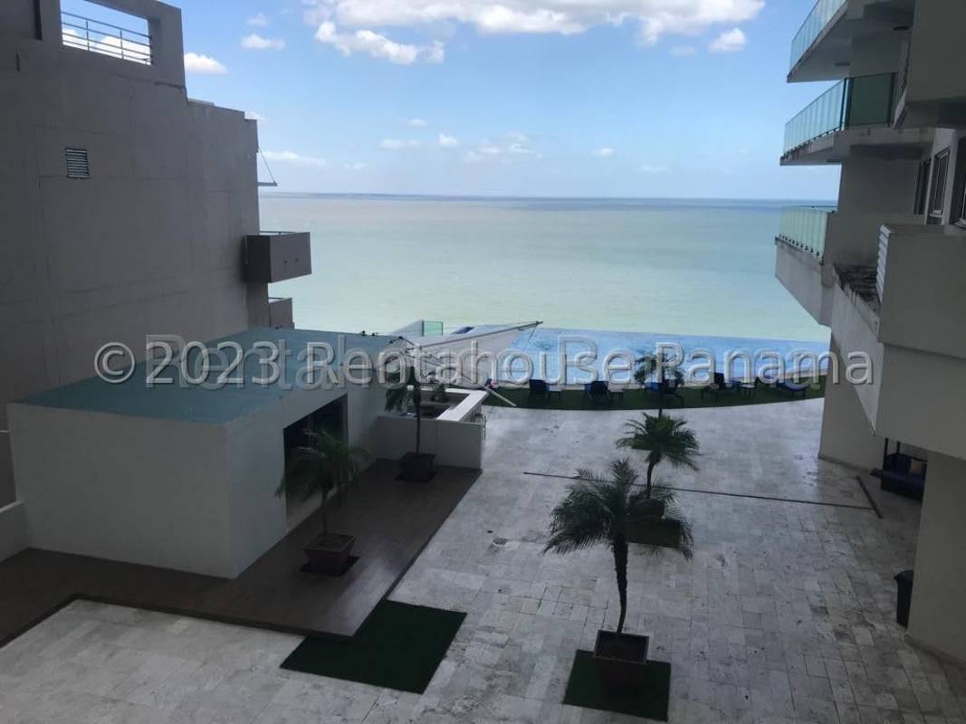 Infinity pool overlooking coastline luxury condominium Punta Pacifica Panama