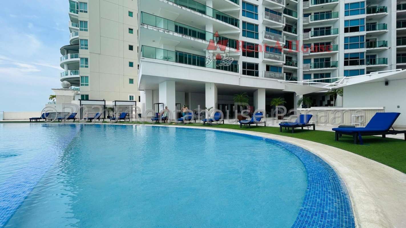 Fitness center cardio equipment city skyline lagoon view Punta Pacifica Panama