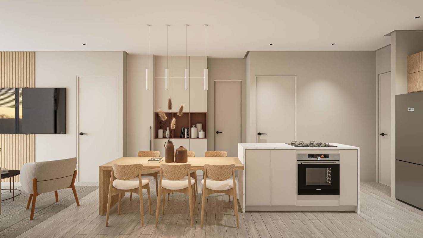 Modern living and dining area with balcony, floor-to-ceiling windows in The Edge Marbella Panama