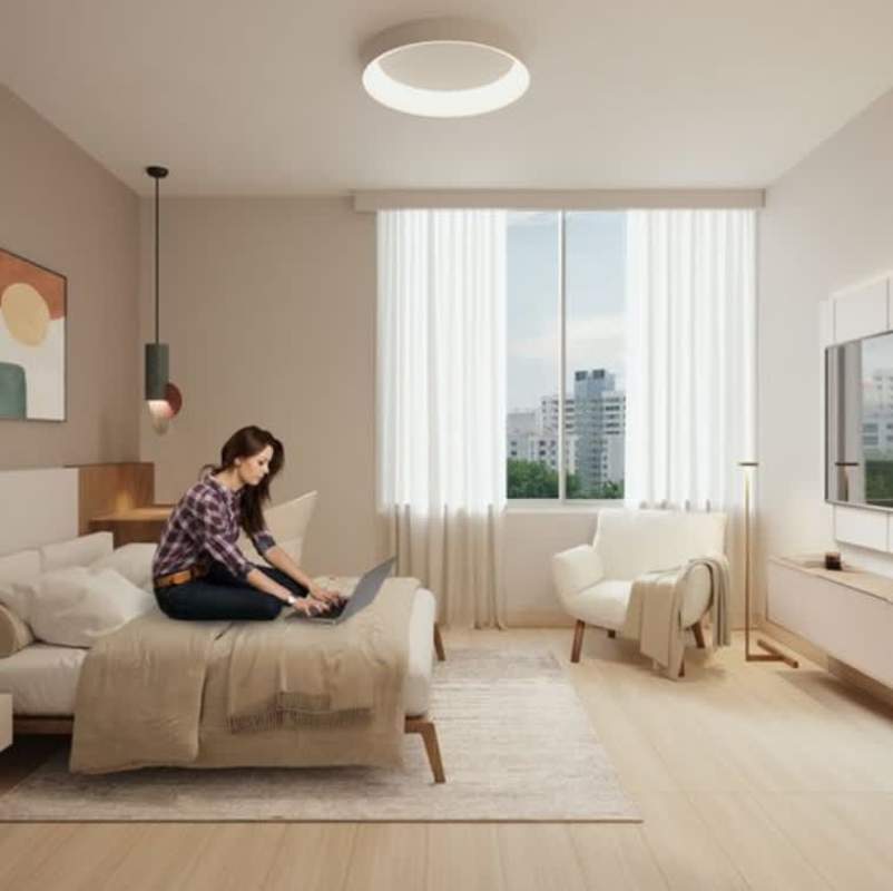 Minimalist bedroom with large window Edison Gardens Edison Park Panama