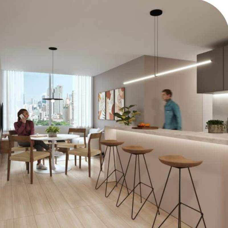 Bright open kitchen with breakfast bar PH Edison Gardens Panama City