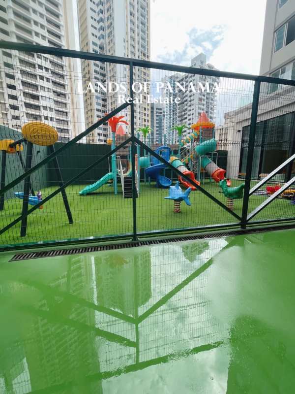 Curved panoramic terrace overlooking ocean and skyline in PH The Towers Punta Paitilla Panama