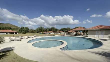 Beautiful swimming pool area with palm trees and sun loungers at Villas del María Bejuco Chame Panama