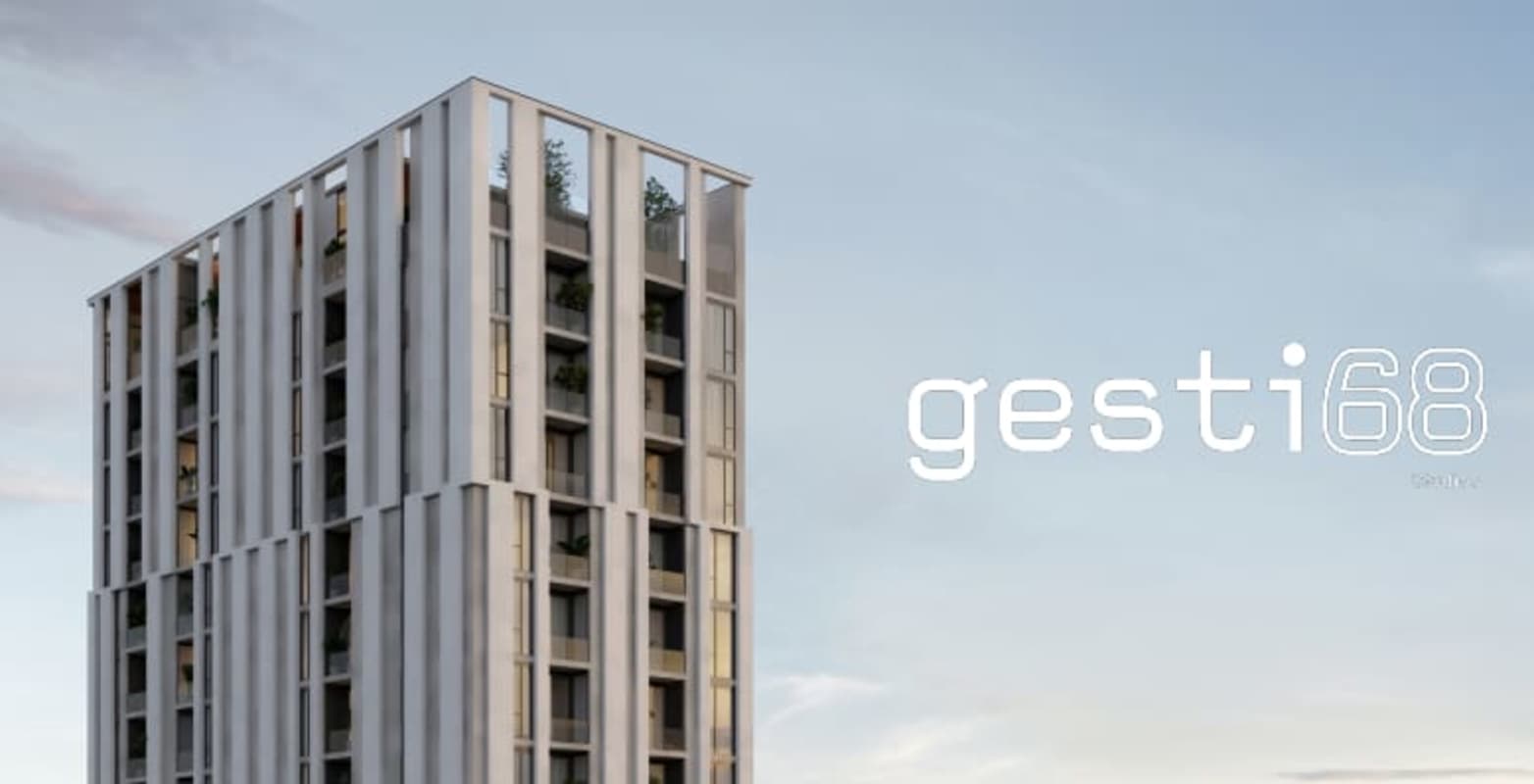 Minimalist bedroom design with floor-to-ceiling window and natural light in Gesti68 pre-construction project Panama