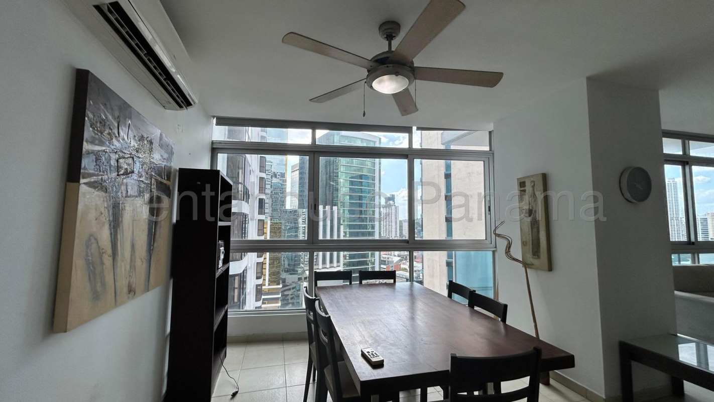Furnished dining area with city views in PH Bicsa apartment for rent on Avenida Balboa