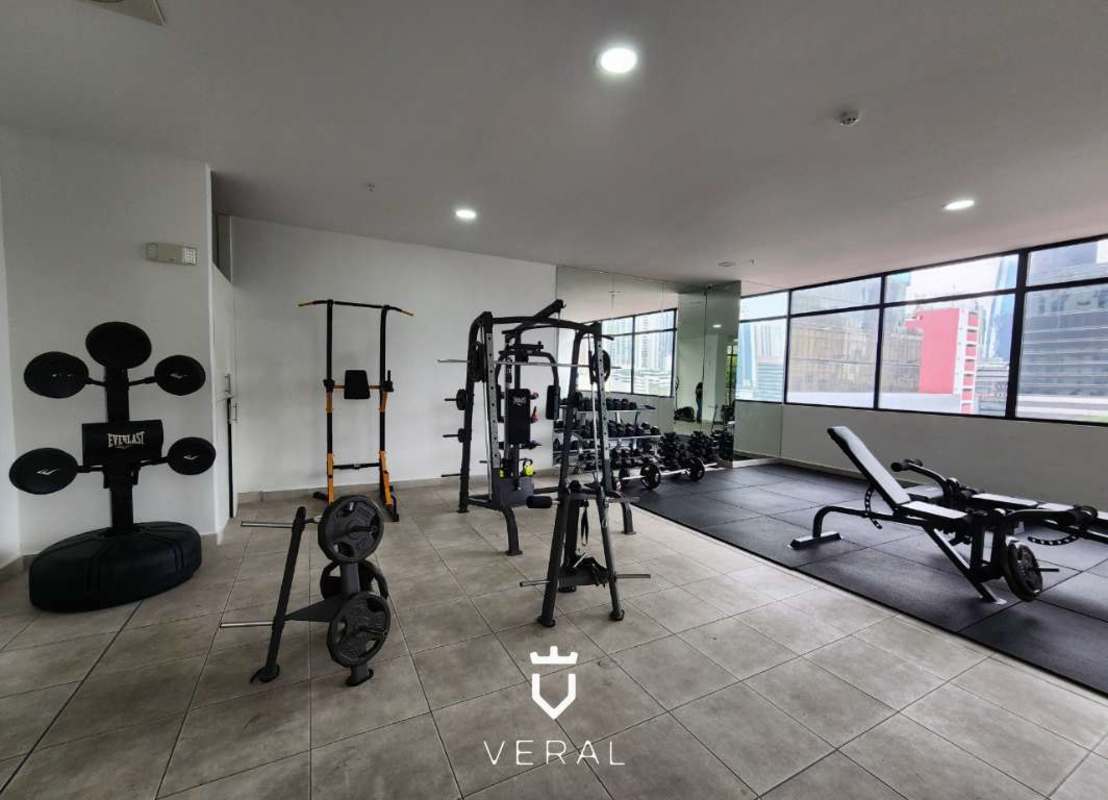 Modern gym mirrored wall weights large windows PH The Grey Calle 50