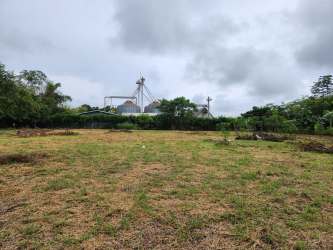 Open grassy lot with trees and industrial buildings nearby on Panamericana Highway Santiago Panama