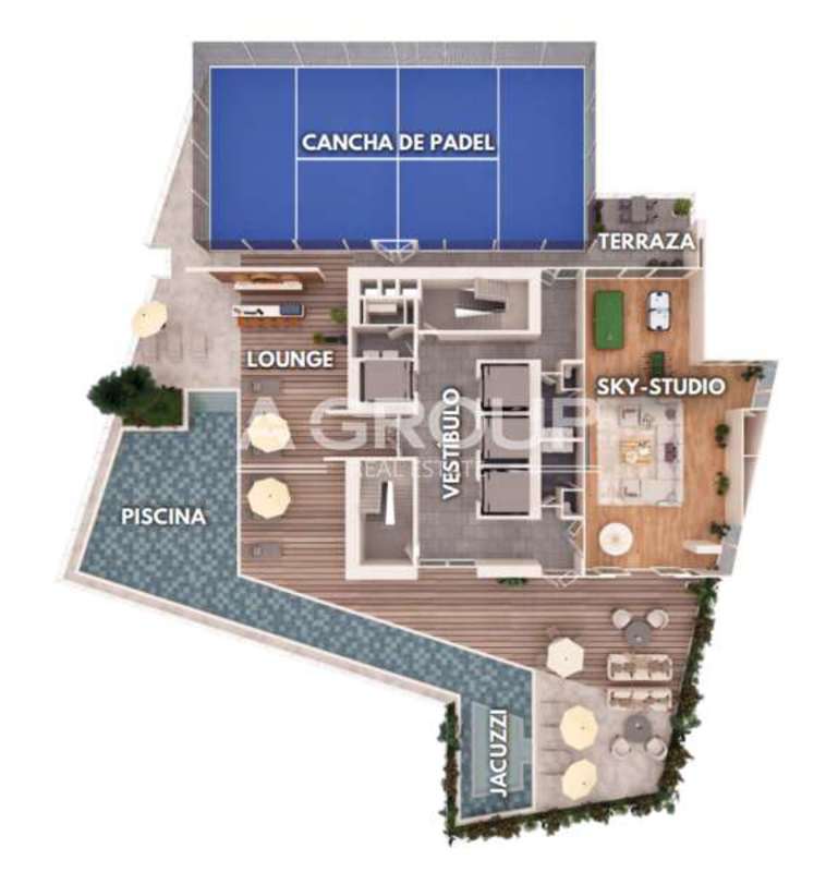 Aerial plan of rooftop sports area with padel court sky lounge and pool at PH AquaPoint Panama