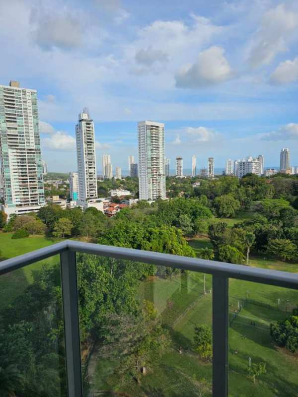 Balcony overlooking Parque Omar with skyline high-rises PH Residencias del Sol Panama