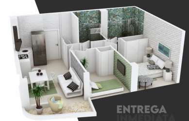 3D floor plan of compact apartment with open kitchen, living area, bedroom, and bathroom at Playa La Barqueta Chiriquí Panama