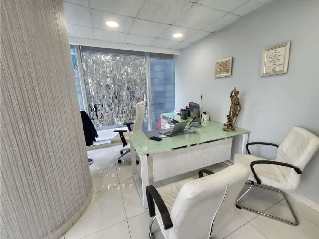 Reception lobby with blue wall and minimalist decor in Oceania Business Plaza Punta Pacifica Panama