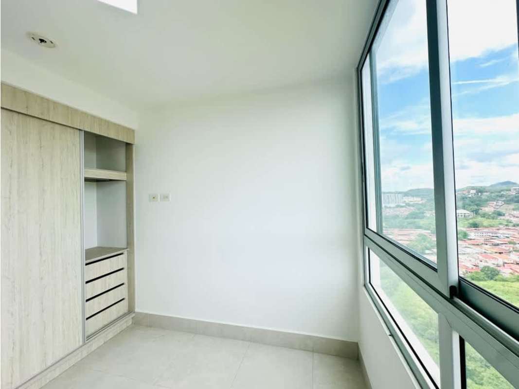 Minimalist bright bedroom with large window and built-in closet Greenwood Towers El Bosque Panama
