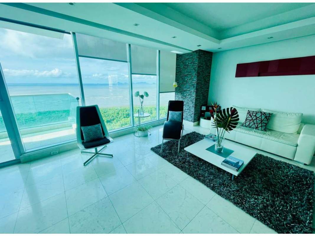 Spacious living room with panoramic ocean views floor-to-ceiling glass PH Ocean Two Costa del Este Panama