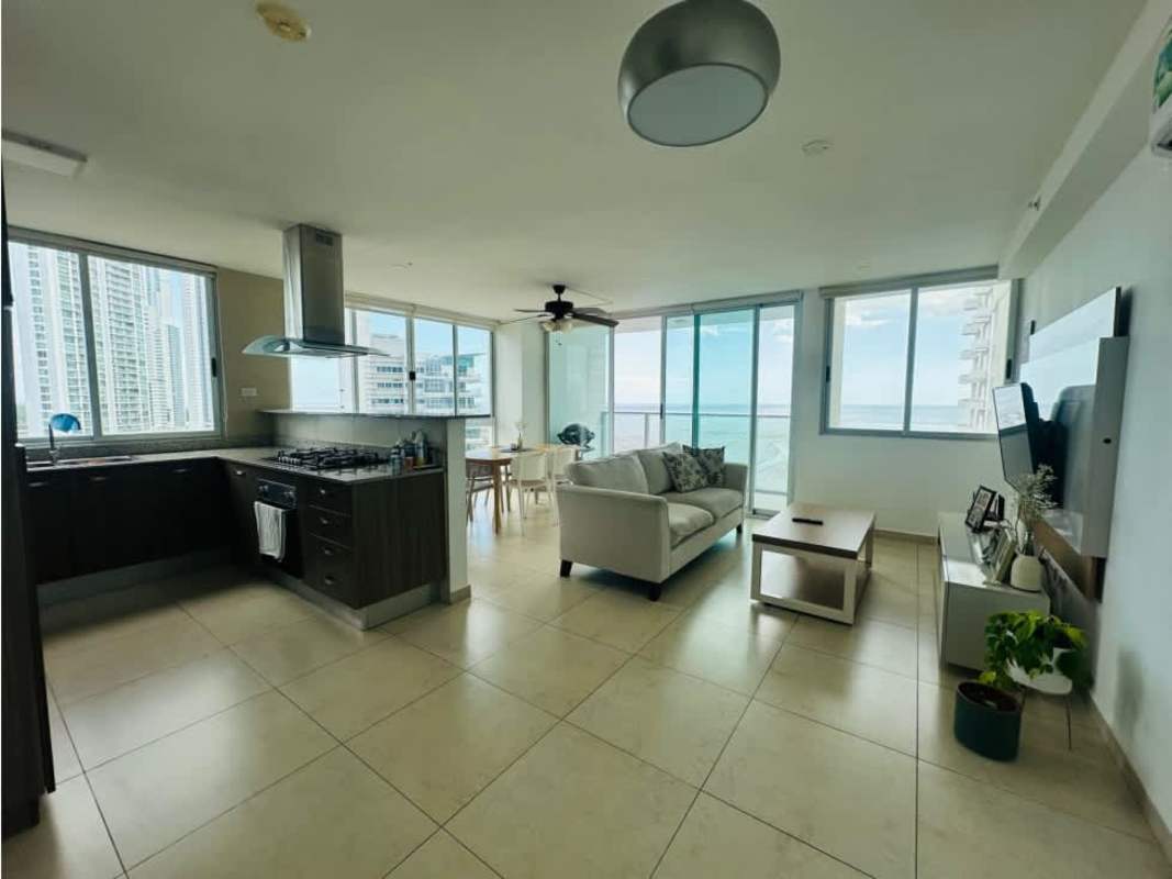 Contemporary kitchen with granite countertops, wooden cabinets, ocean views PH Lumiere Costa del Este Panama