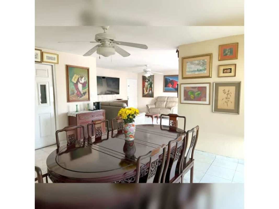 Dining room with ceiling fan, wall art, neutral tones PH Mirabel Punta Paitilla