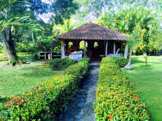 Rustic gazebo in tropical garden beach rental house Coronado Panama