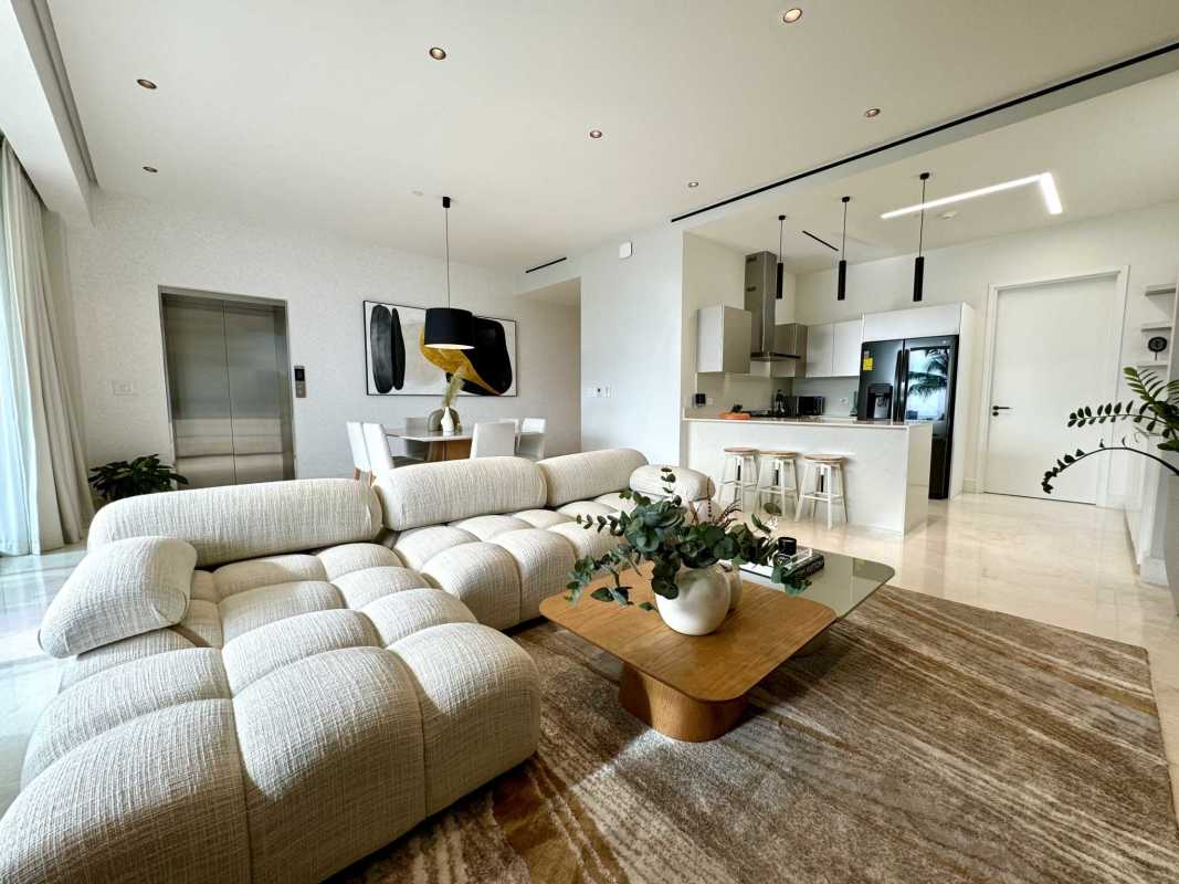 Expansive covered balcony with ocean, marina, skyline views in Ocean Reef Panama luxury apartment