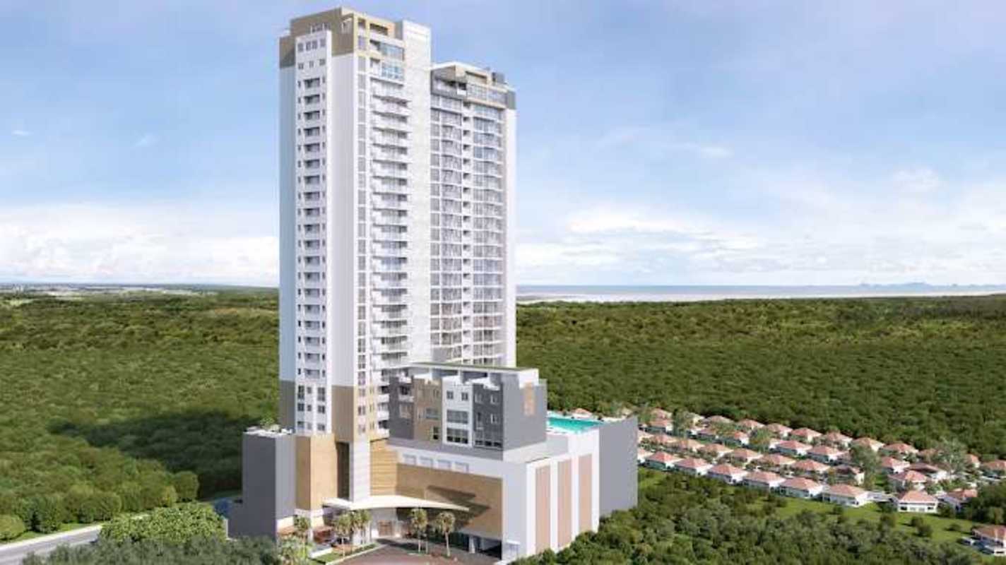 Contemporary high-rise condo tower in Santa Maria Panama surrounded by greenery