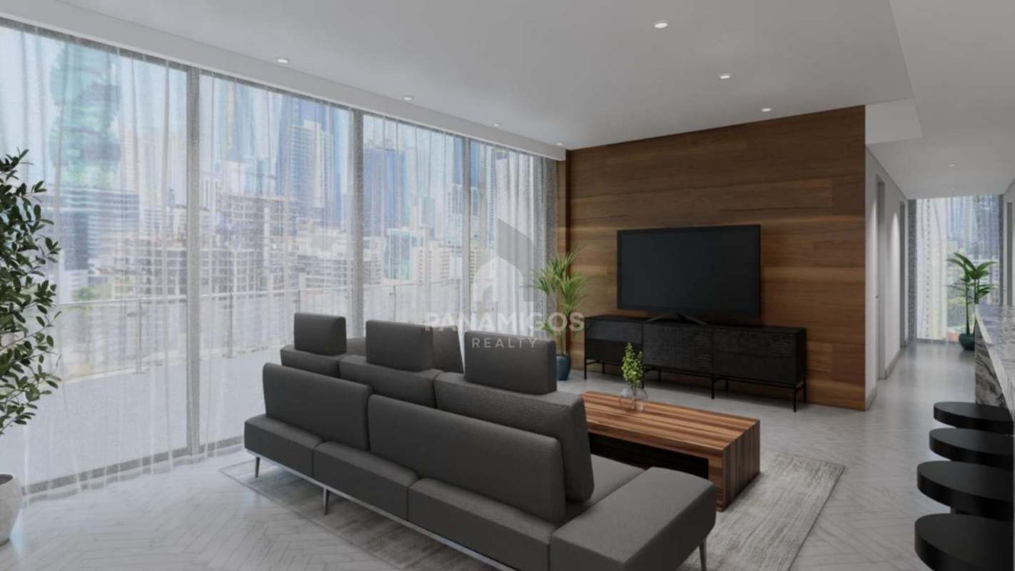 Floor-to-ceiling windows with city skyline views, marble countertop, wood wall accent in Wanders Yoo Panama