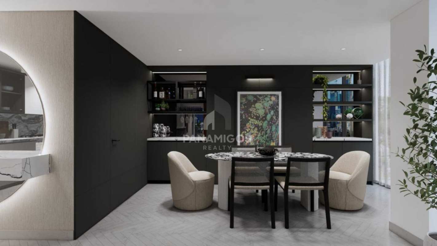 Contemporary marble dining space with beige chairs, decor and art at Wanders & Yoo high-rise Panama City