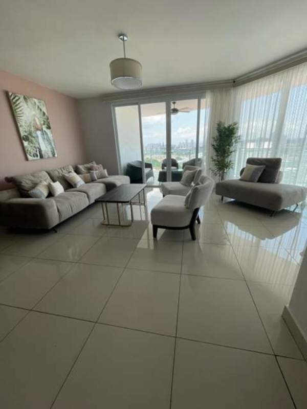 Open concept dining and living area inside PH Highland View apartment in Panama City