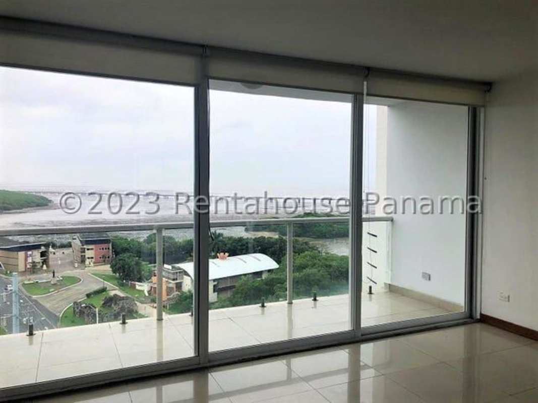 Balcony with panoramic ocean and city skyline view at PH Coco del Mar Panama City