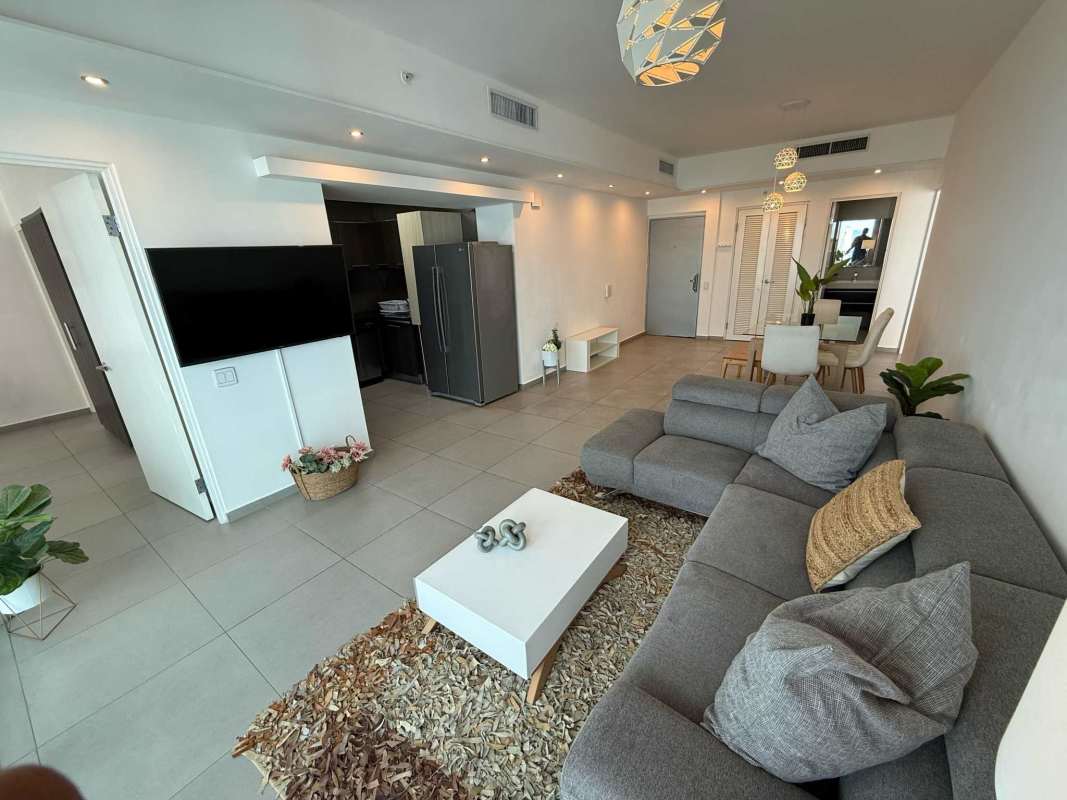 Modern bathroom with glass shower enclosure, vanity at PH BICSA Financial Center Panama