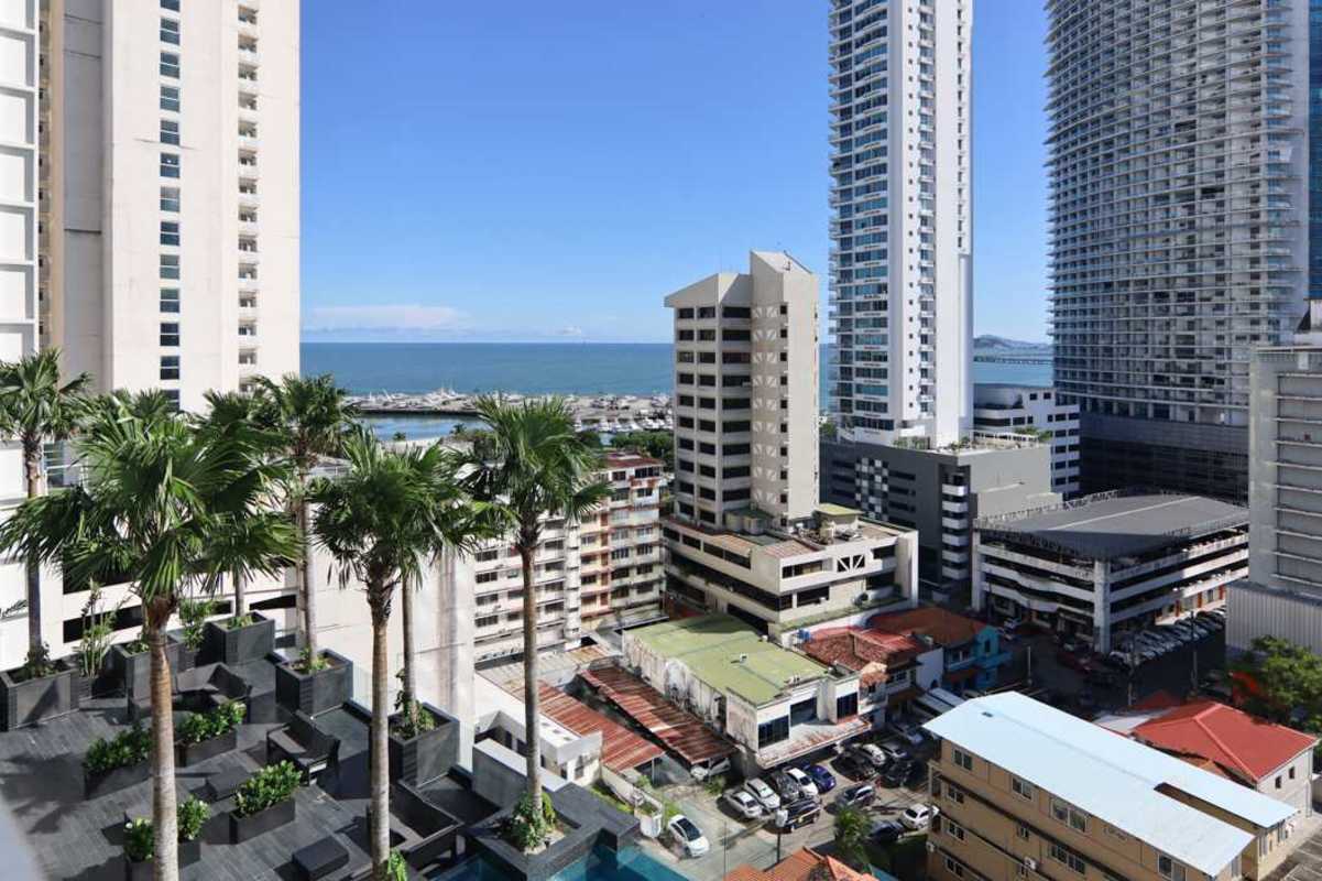 Panoramic views of Panama Bay and skyscrapers from terrace at Nuovo Residences