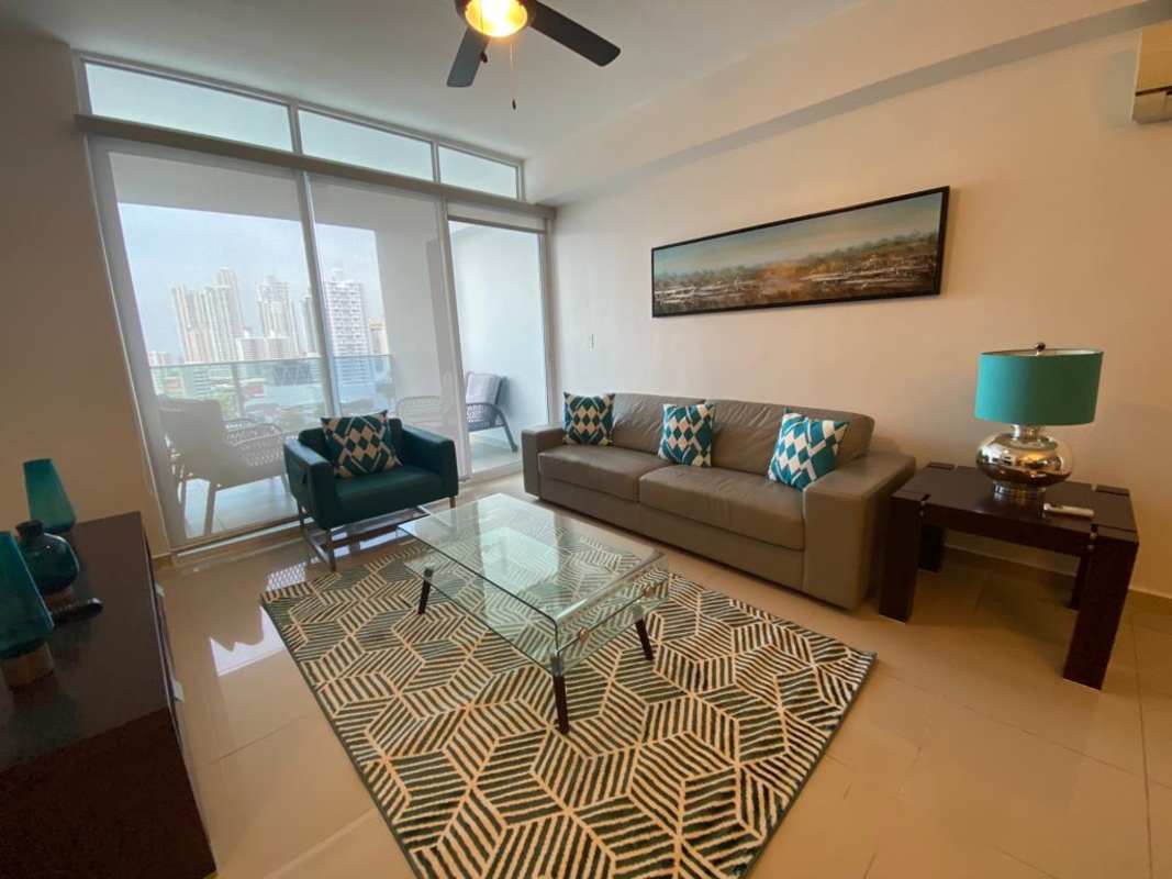 Furnished master bedroom with built-in wardrobe AC and city view PH Premium Tower San Francisco Panama