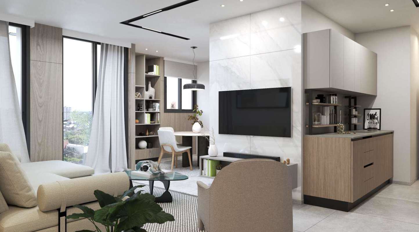 Open-concept living area with modern furniture, workspace, and kitchenette at X The Building San Francisco Panama