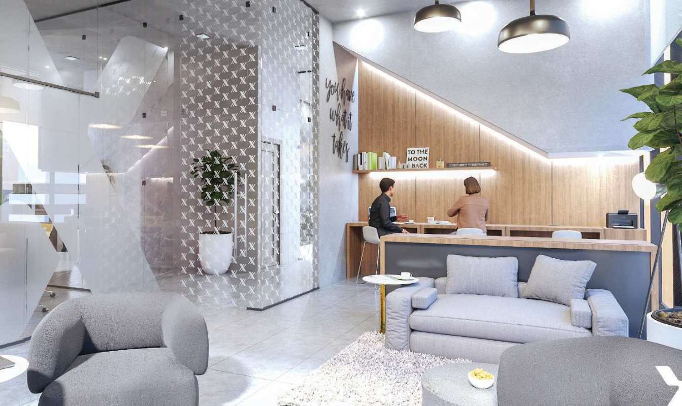 Contemporary lobby with glass walls, seating area and reception at X The Building San Francisco Panama