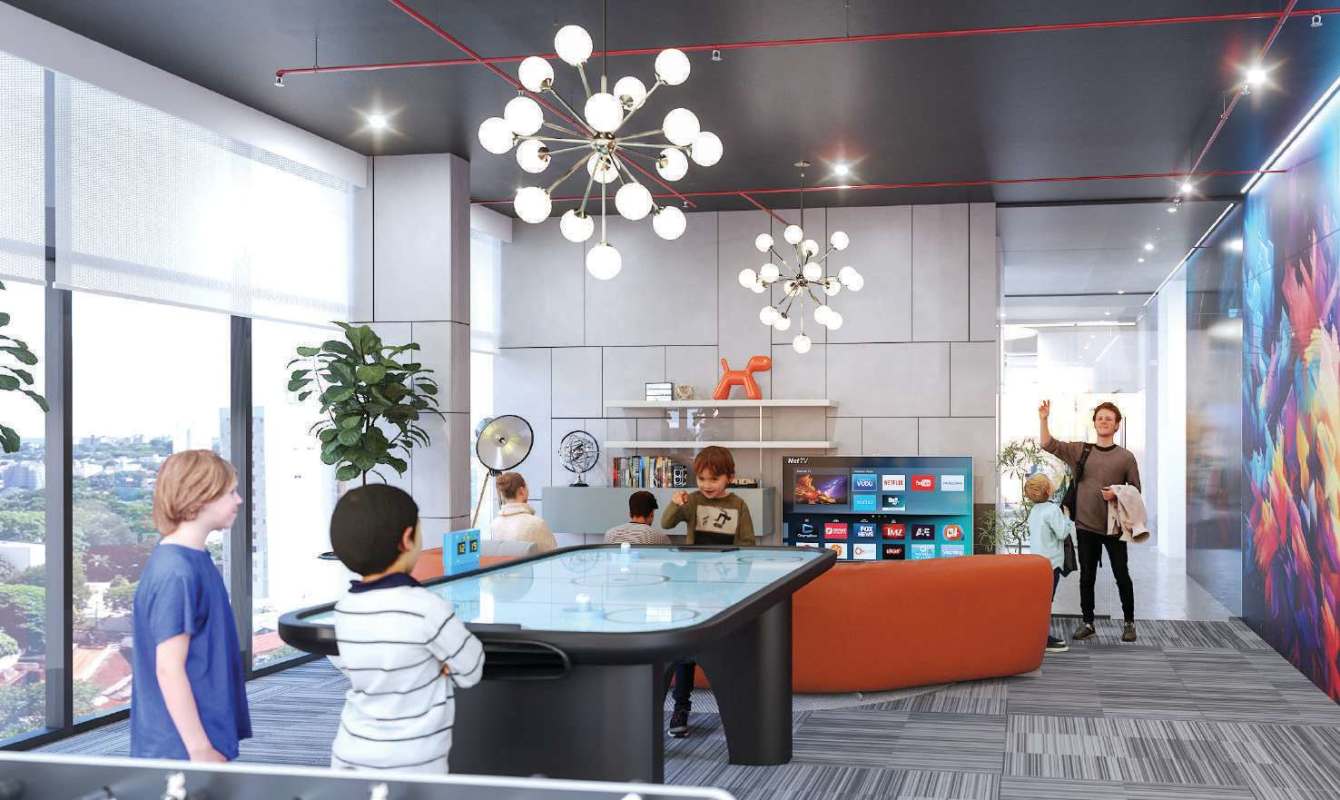 Indoor game room for family recreation with air hockey, colorful decor at X The Building San Francisco Panama