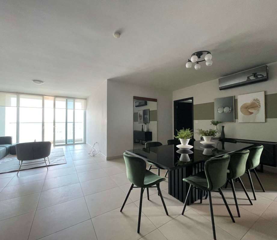 Contemporary furnished bedroom with panoramic city view window PH Country Club Panama