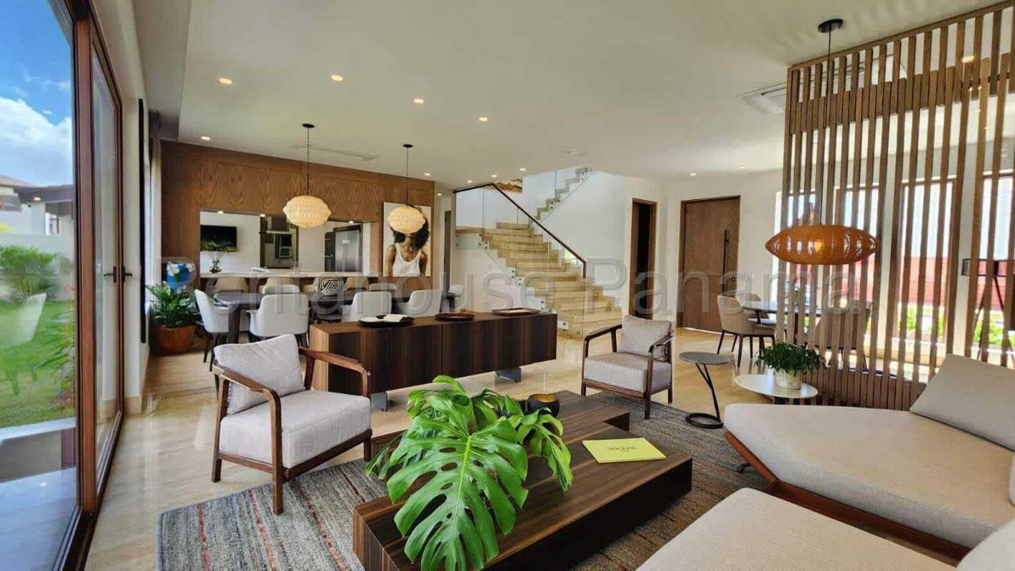 Contemporary open living dining with marble floors, natural light in Santa Maria Panama