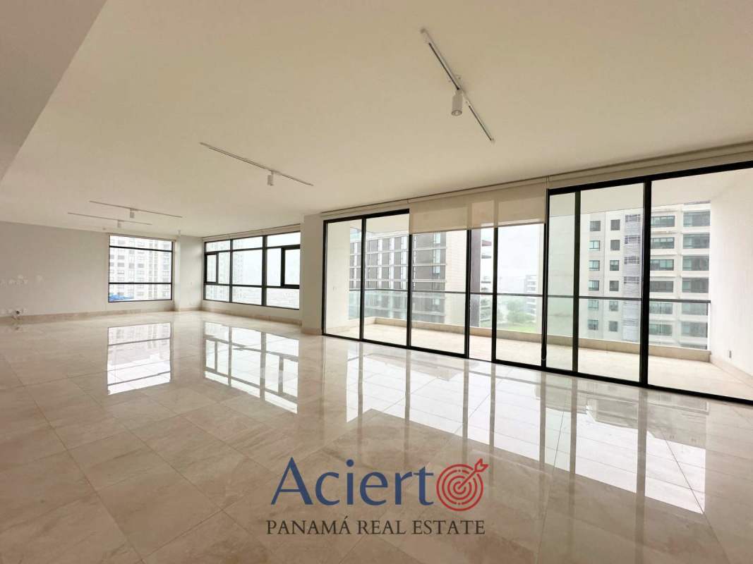 Large balcony with panoramic golf course views marble flooring in Sky Residences Santa Maria Panama City