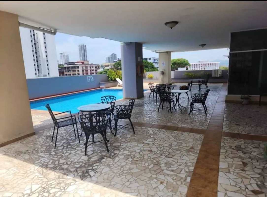 Exterior of PH Plaza 77 building with pool and Via Argentina in El Cangrejo Panama City