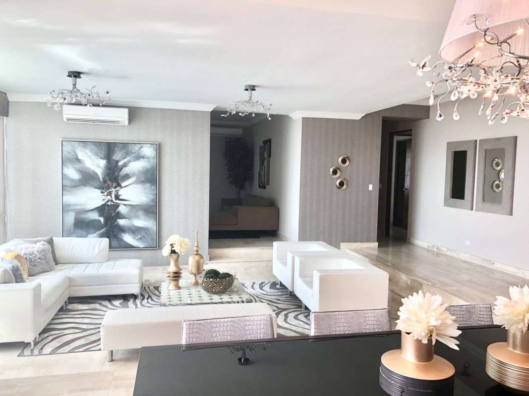 Spacious modern living room with marble floors, balcony ocean view Trump Tower Panama