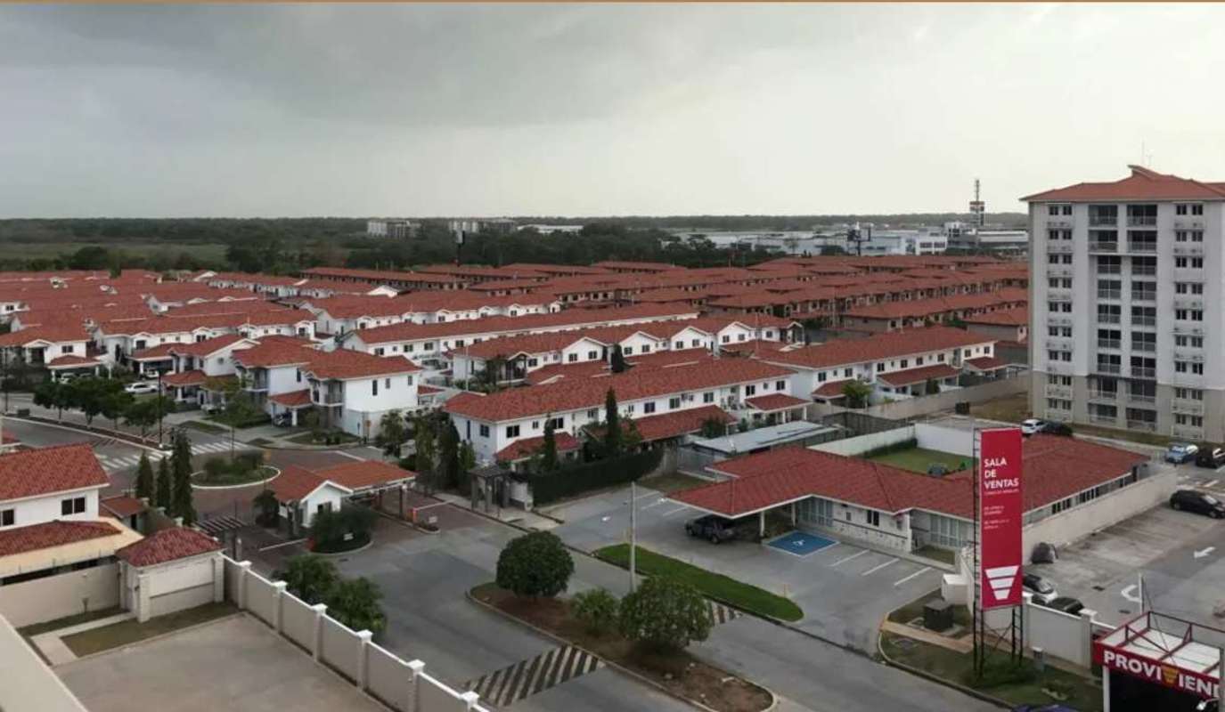 Aerial shot of residential complex with red tile roofs Costa Sur Panama