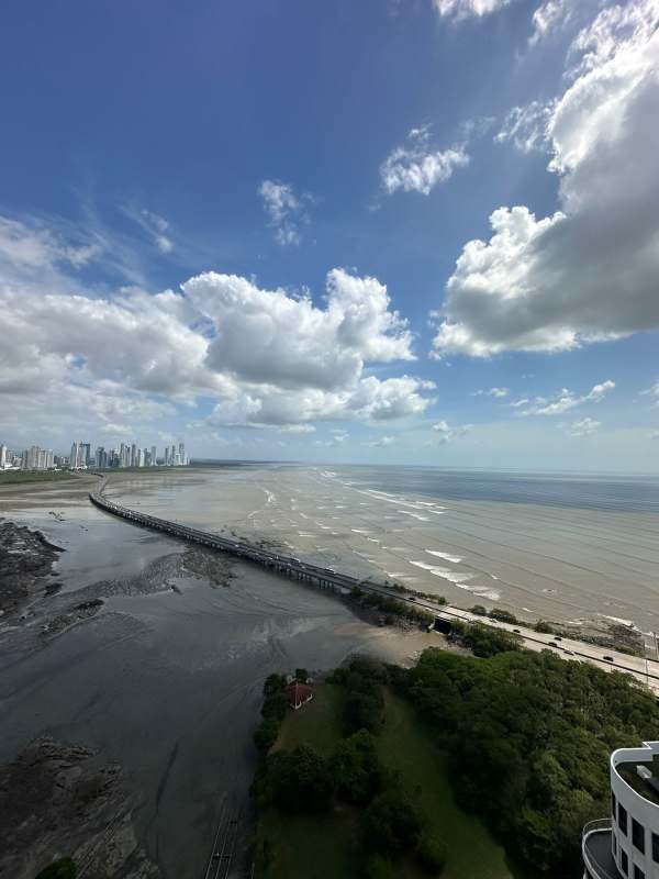 Aerial view of Coco del Mar coastline, skyscrapers and Pacific Ocean in Panama City