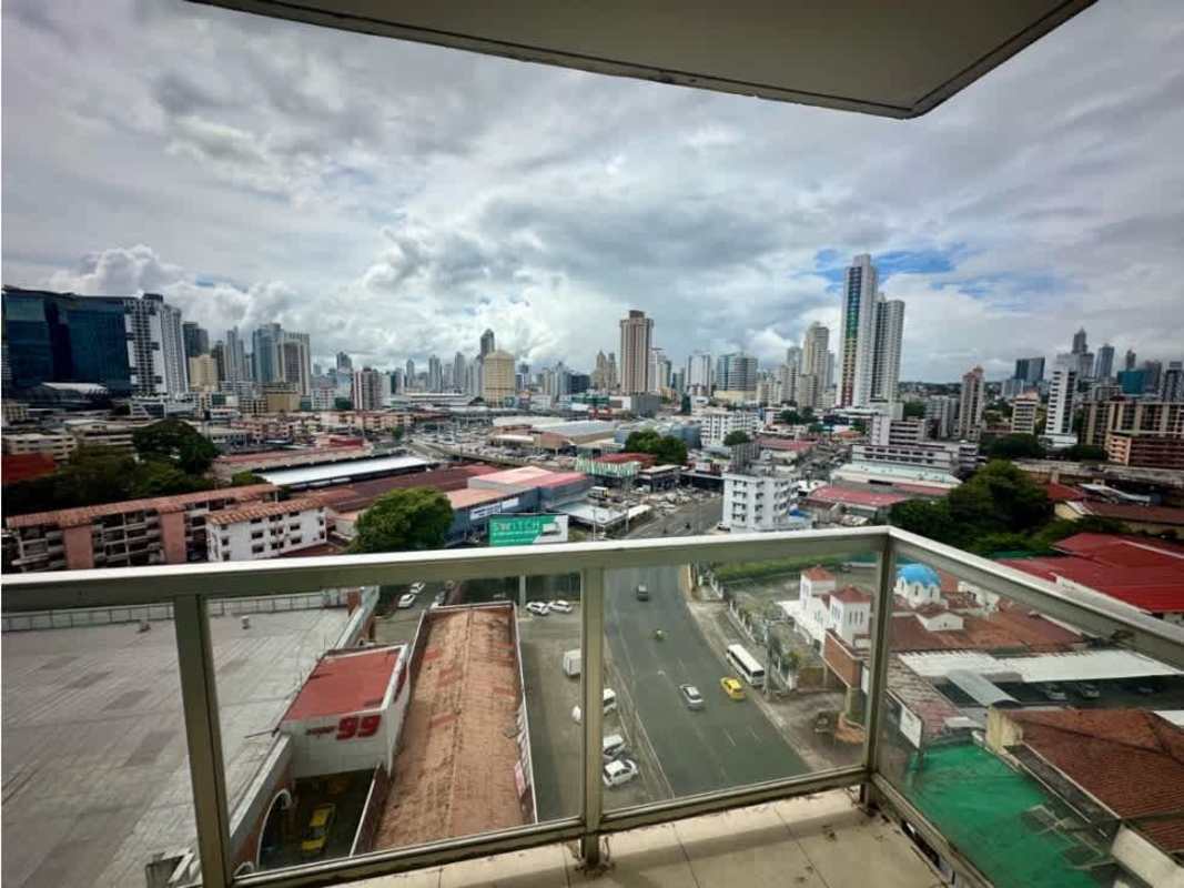 Balcony with glass railing, panoramic view of Panama City skyline from PH Portofino Via Porras
