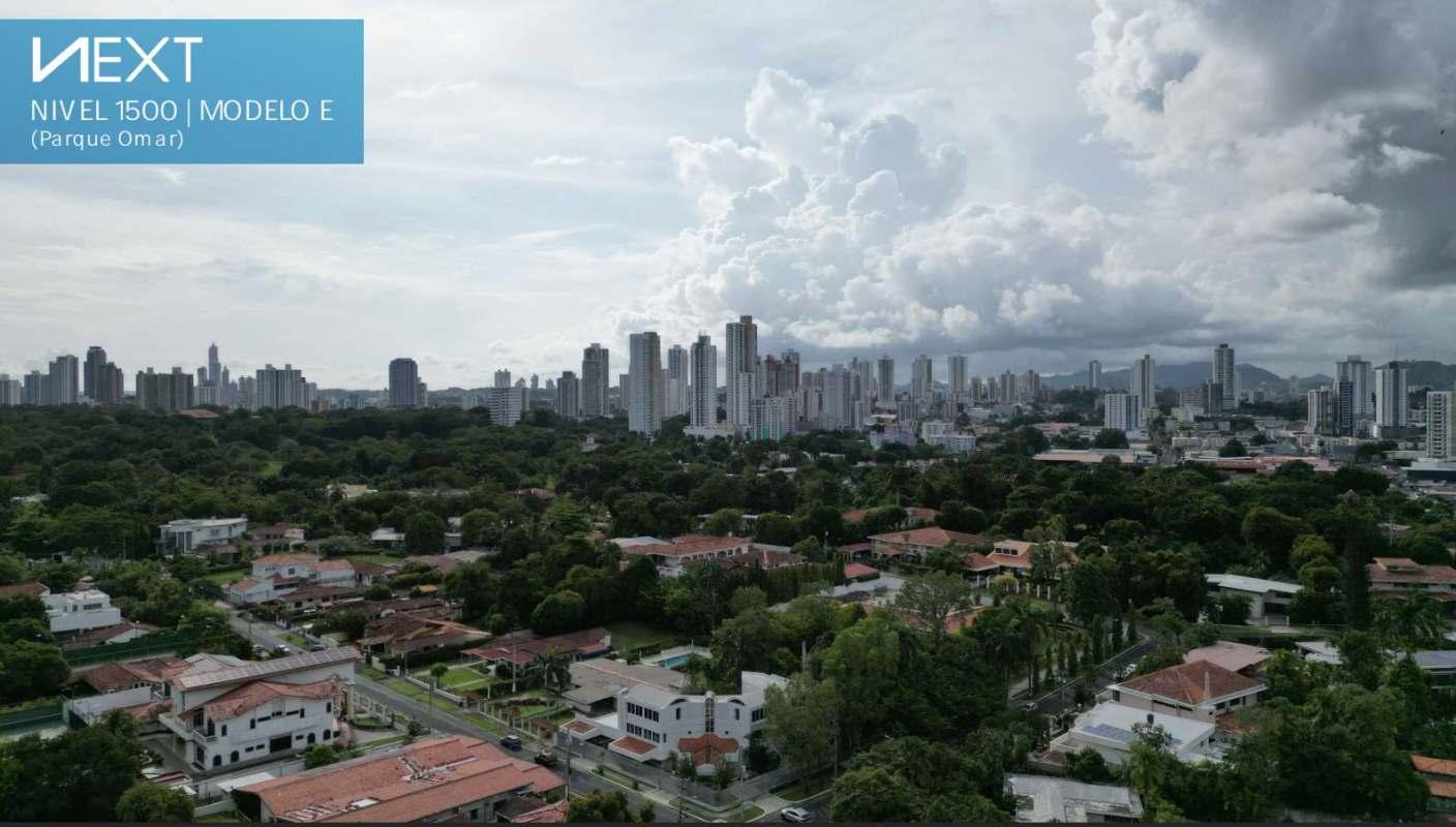 Panoramic aerial view city skyline high-rises Coco del Mar and parks Panama