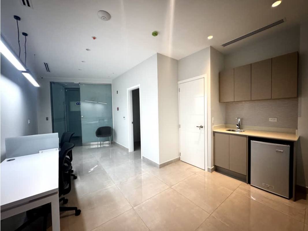 Commercial office kitchenette glass door frosted divider workspace Golden Point Panama City