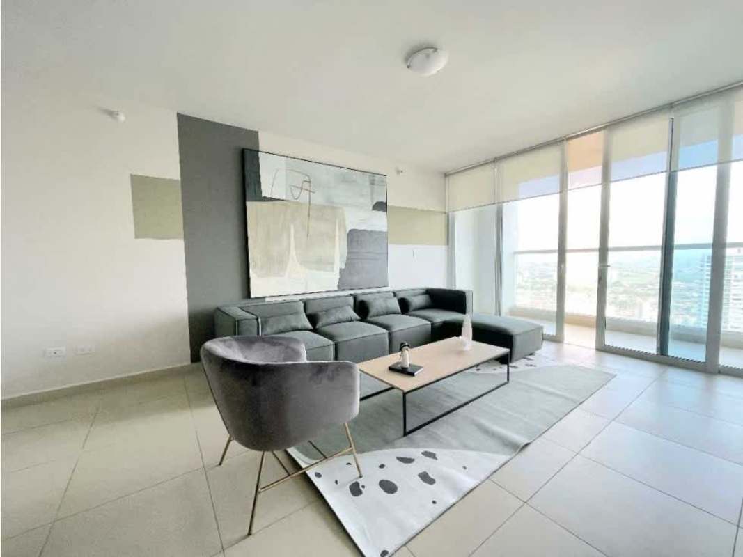 Modern open-plan living dining with floor-to-ceiling windows, balcony access, Costa del Este Country Club Panama