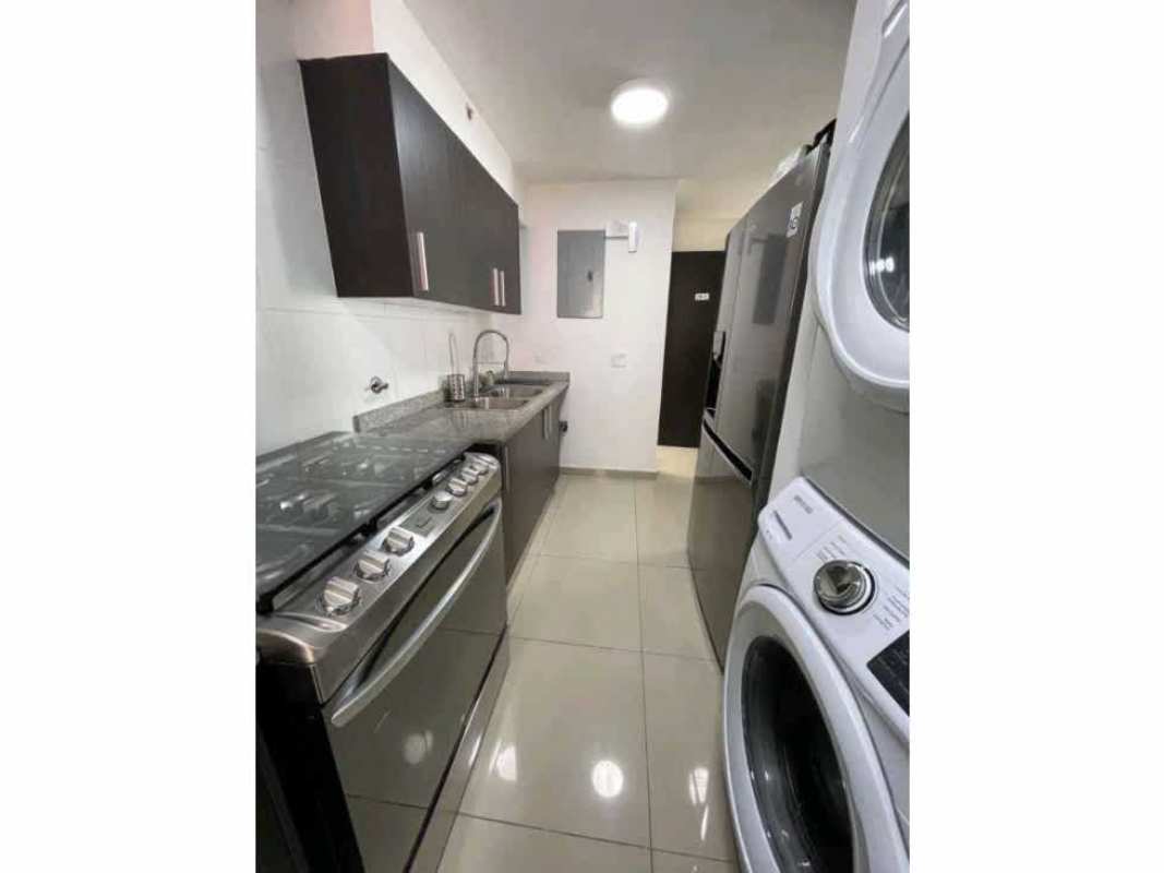Living room minimalist with TV console and striped blinds in PH Park View Carrasquilla San Francisco Panama