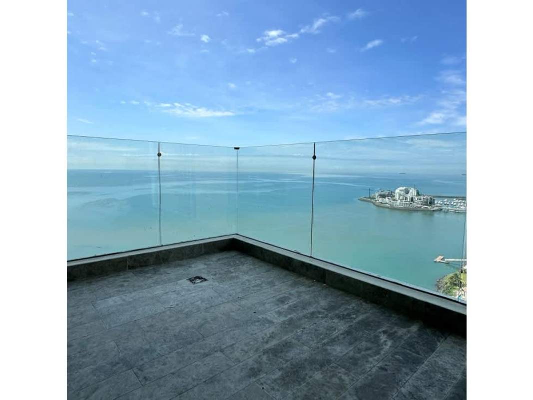 Bedroom with city skyline view marble tile large window Pacific Point Tower 400